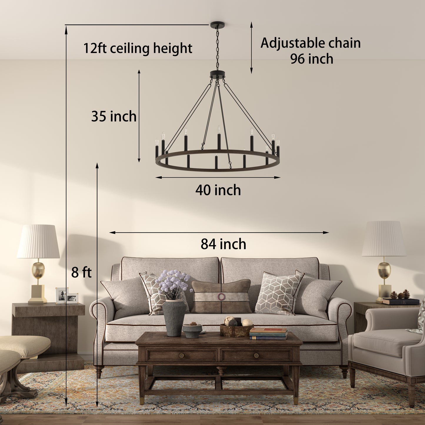 Ekisa 12-Light Candle Style Farmhouse Wagon Wheel Chandelier UL Listed