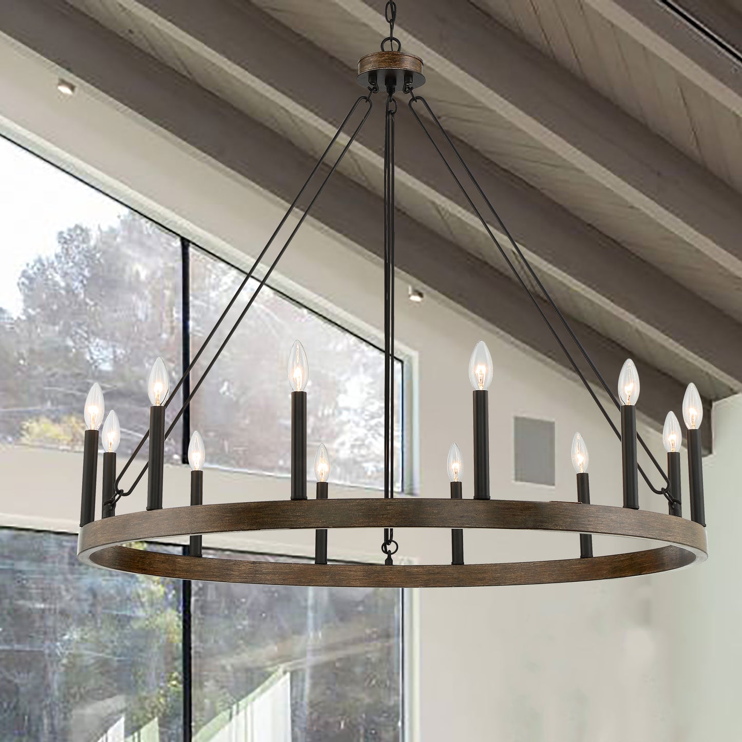 Ekisa 12-Light Candle Style Farmhouse Wagon Wheel Chandelier UL Listed