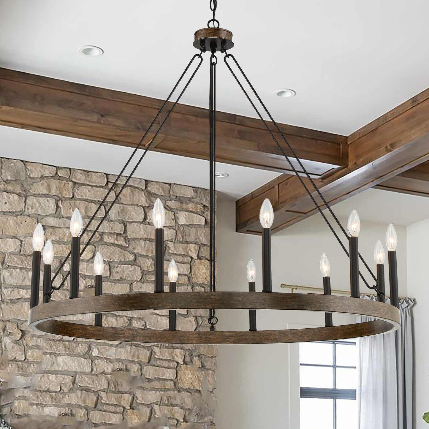 Ekisa 12-Light Candle Style Farmhouse Wagon Wheel Chandelier UL Listed