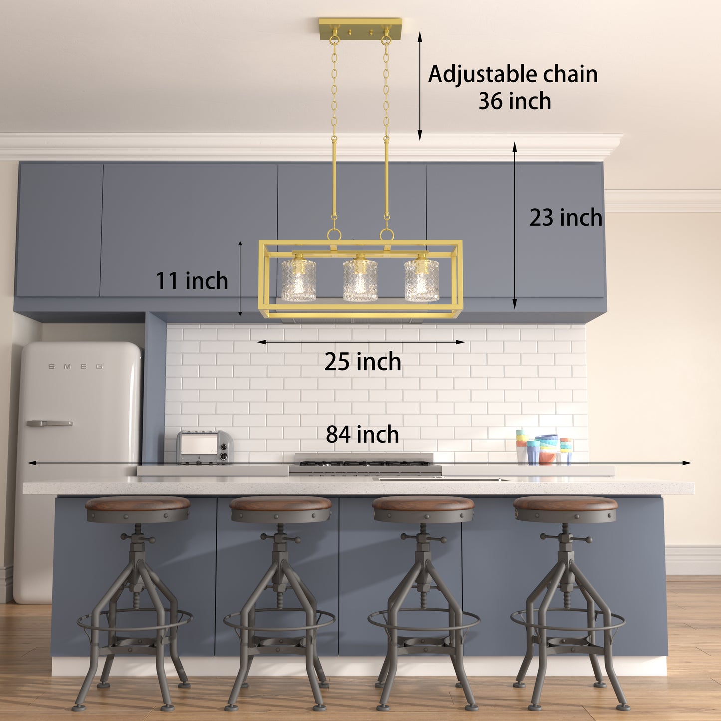 Suspension rectangulaire à 3 lampes pour îlot de cuisine Greeley 