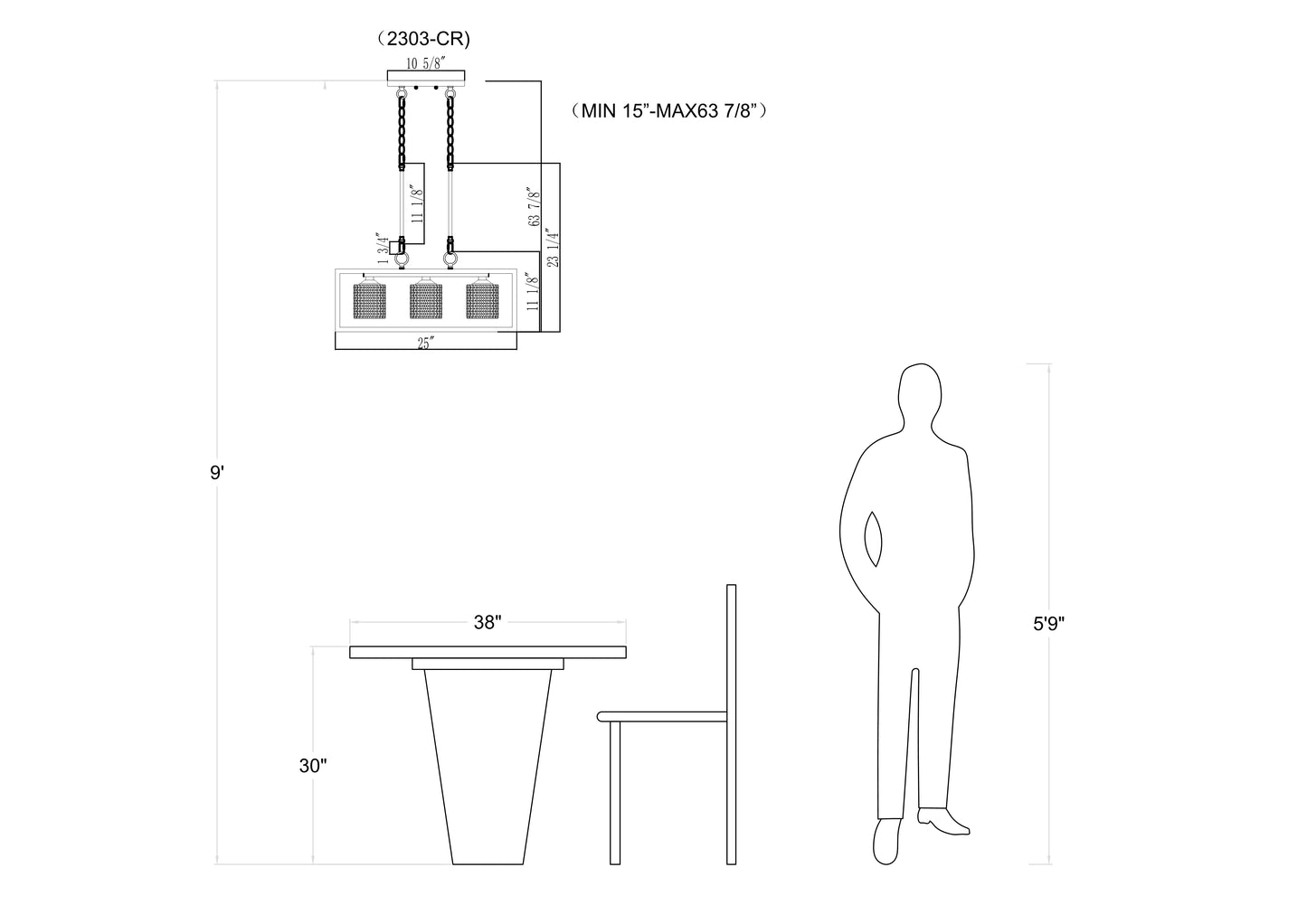 Suspension rectangulaire à 3 lampes pour îlot de cuisine Greeley 