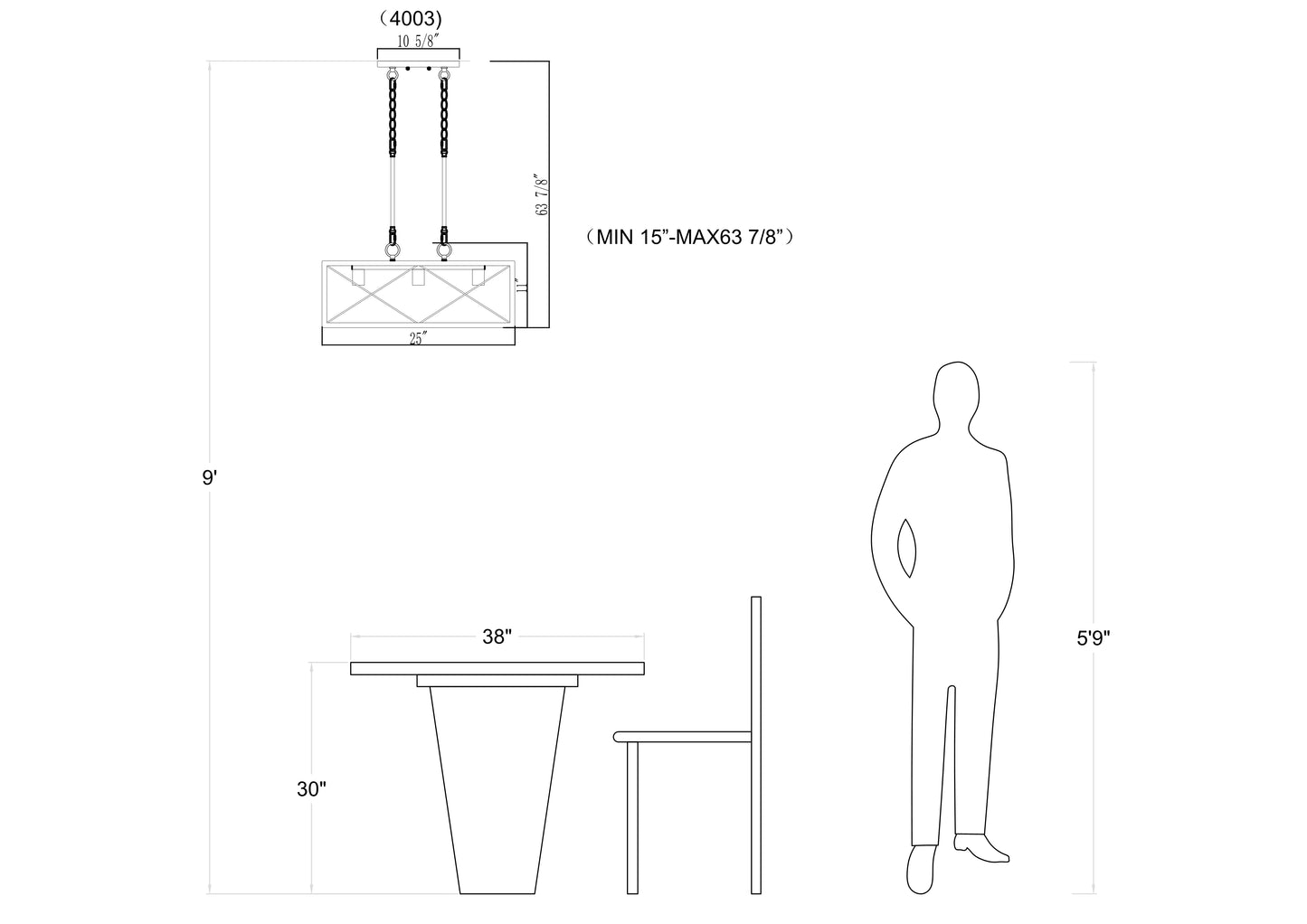 Luminaire suspendu rectangulaire à 3 lampes pour îlot de cuisine Alodie homologué UL