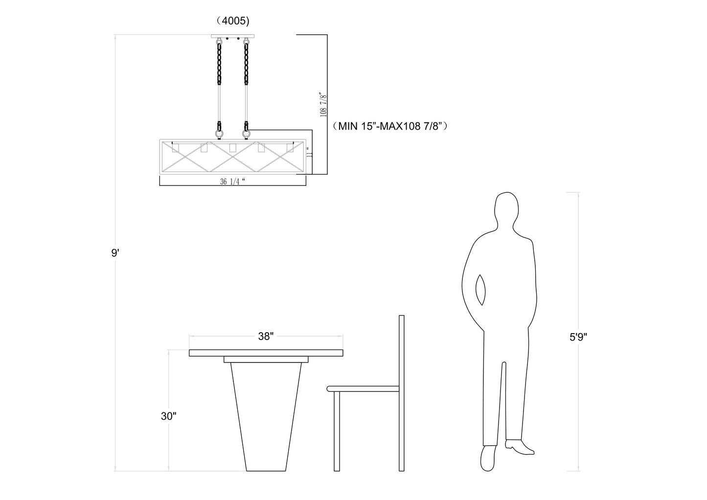 Luminaire suspendu linéaire à 5 lumières pour îlot de cuisine Alodie homologué UL