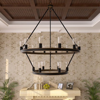 Jasper 18-Light Wagon Wheel Tiered Chandelier with Wood Accents UL Listed