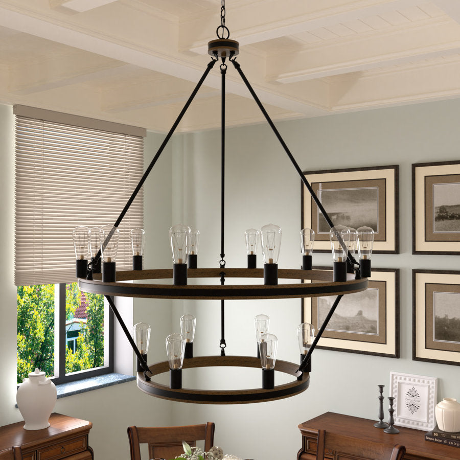 Jasper 18-Light Wagon Wheel Tiered Chandelier with Wood Accents UL Listed