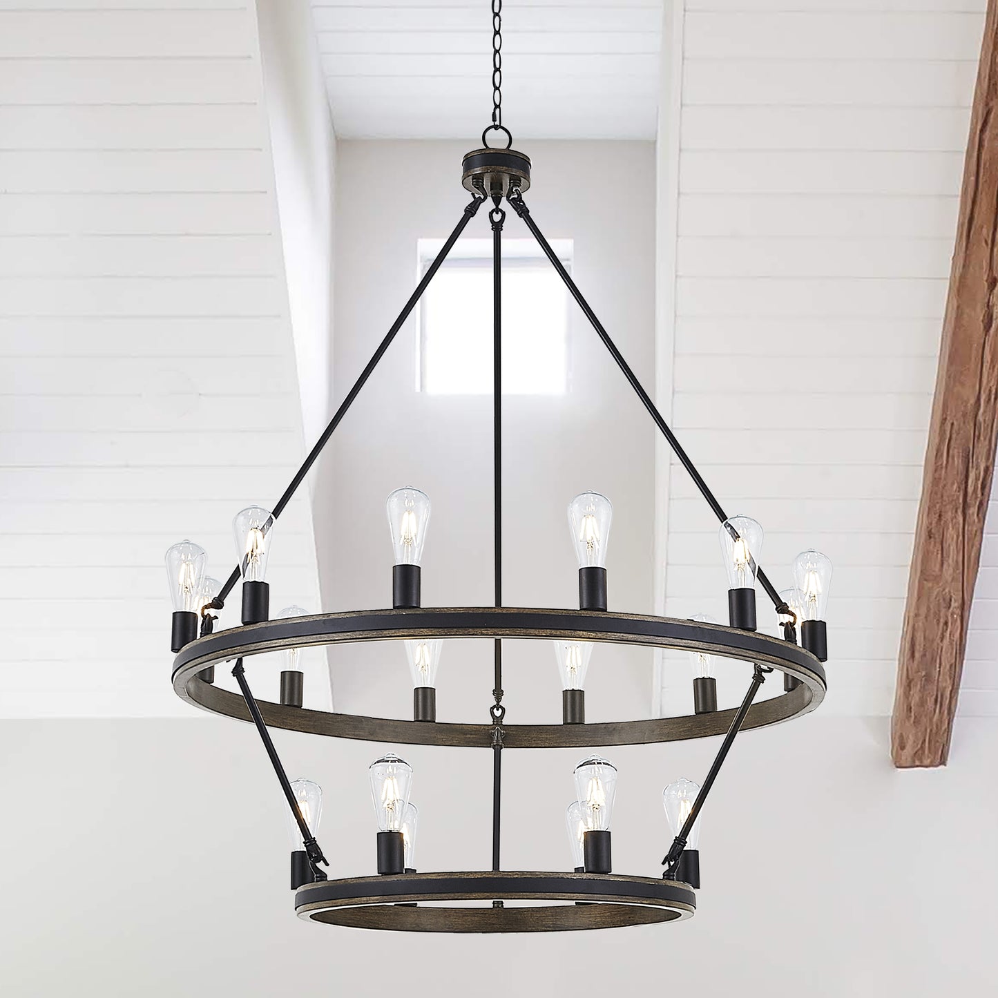 Jasper 18-Light Wagon Wheel Tiered Chandelier with Wood Accents UL Listed