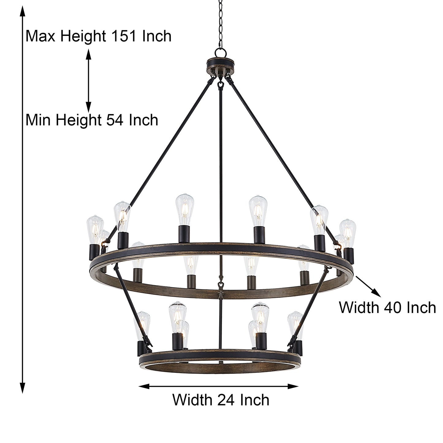 Lustre à 18 lumières en forme de roue de chariot Jasper avec accents en bois, homologué UL