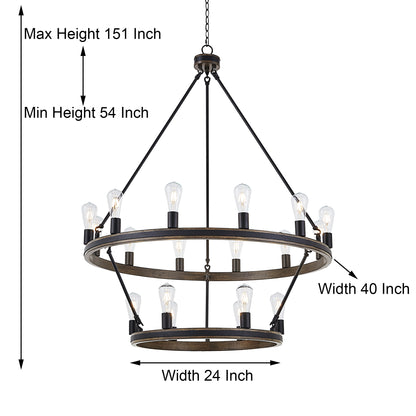 Lustre à 18 lumières en forme de roue de chariot Jasper avec accents en bois, homologué UL