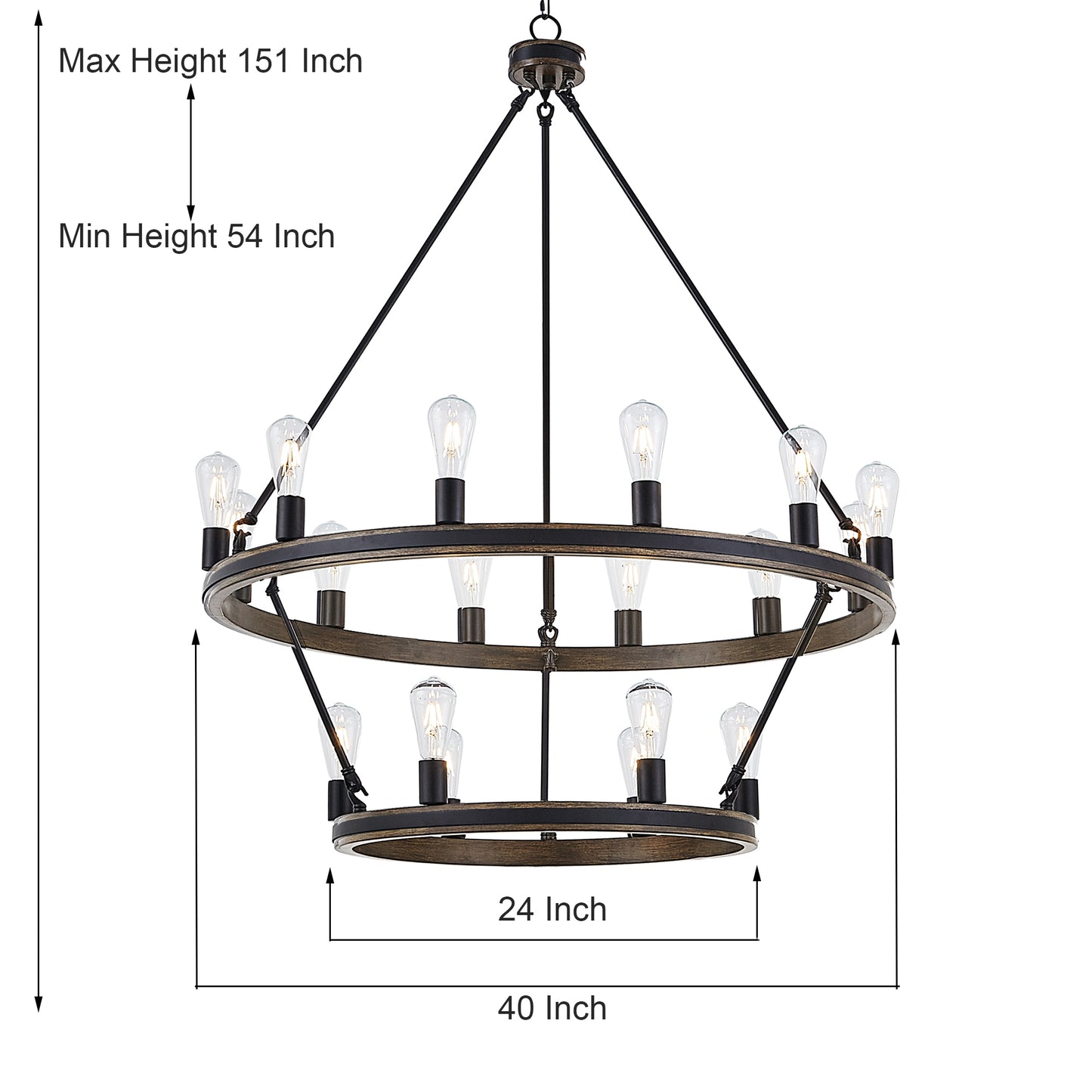 Lustre à 18 lumières en forme de roue de chariot Jasper avec accents en bois, homologué UL