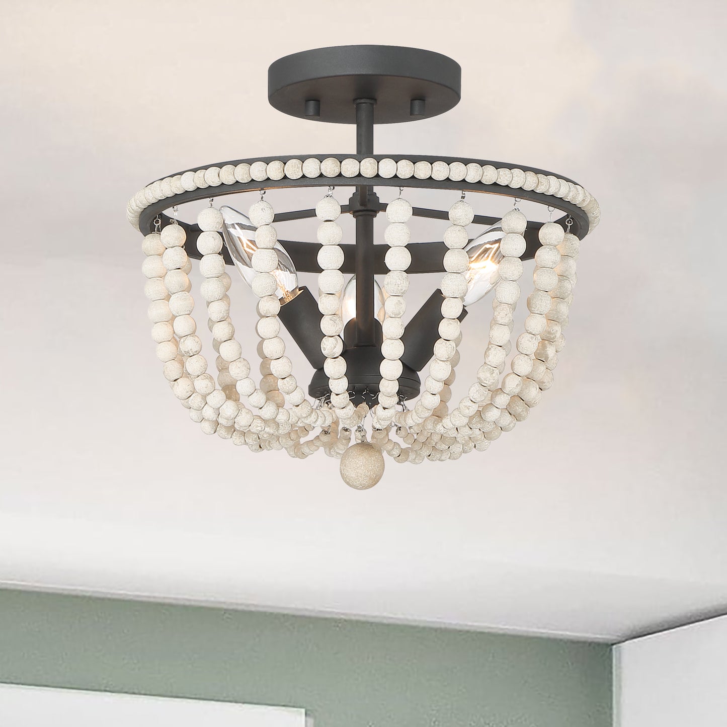 Streator 3-Light Wood Beaded Semi Flush Mount