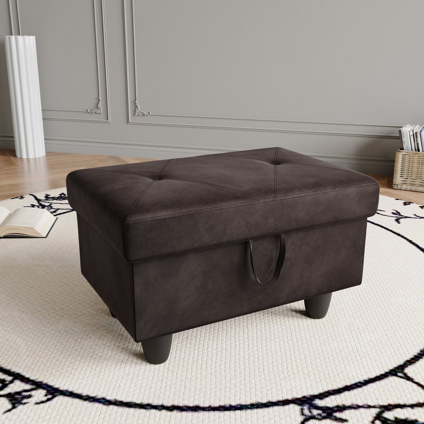 Pouf de rangement rembourré en flanelle beige Enfield