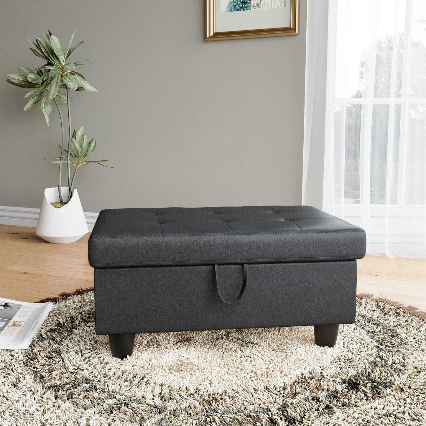 Pouf de rangement rembourré noir Blanche