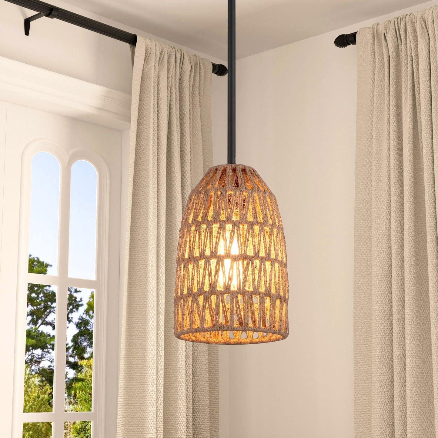 Warner 1 - Light Single Dome Rod Pendant with Rope Accents