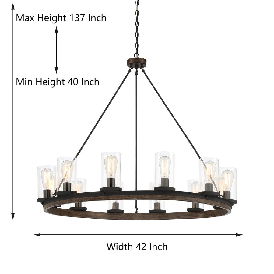 Lustre à 12 lumières en forme de roue de chariot Cristelle avec accents en verre soufflé à la main, homologué UL