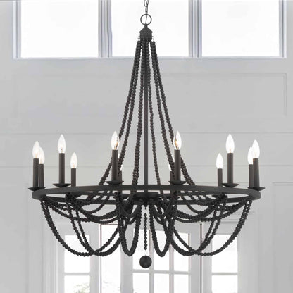 12 light candle style wagon wheel wood beaded chandelier (24) by ACROMA