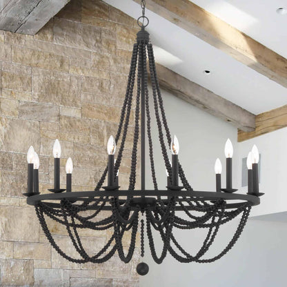 12 light candle style wagon wheel wood beaded chandelier (26) by ACROMA