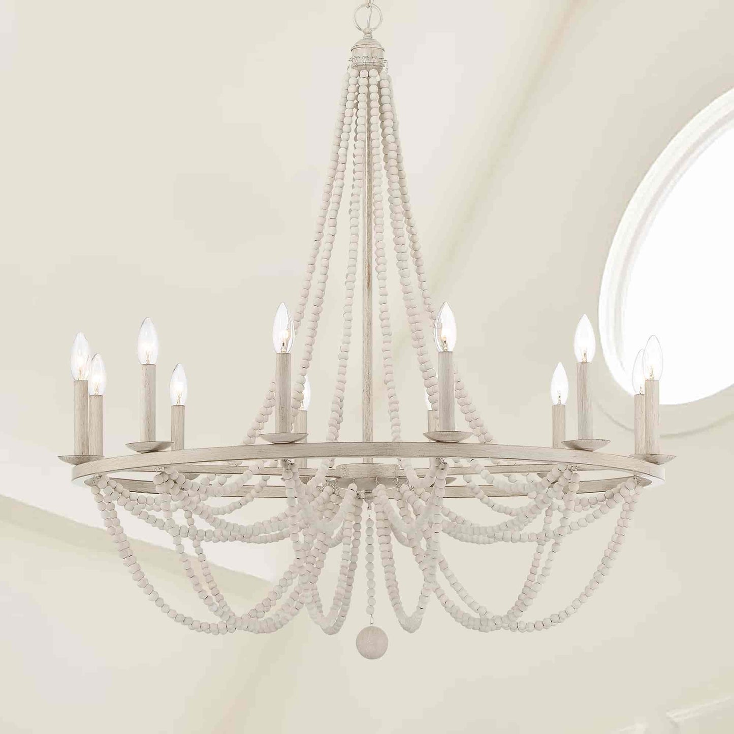 12 light candle style wagon wheel wood beaded chandelier (19) by ACROMA